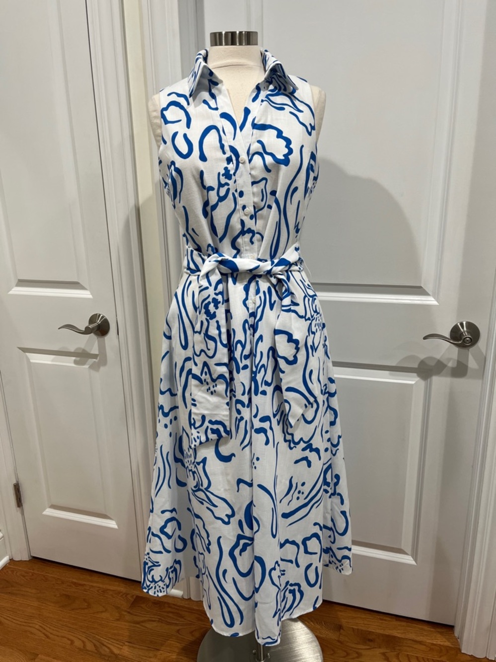 Ador Curve Pocket Sleeveless Shirt Maxi Dress White Blue Floral Size M - Picture 2 of 16